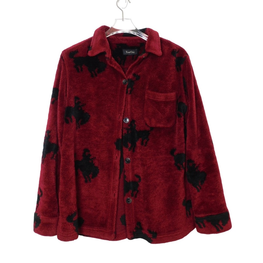 True Grit Mens Red Black Bronco Rider Fleece Button Up Shirt Jacket Small